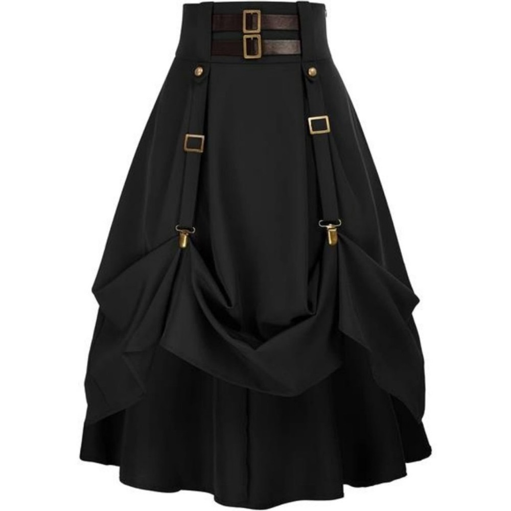 Women Goth Steampunk Skirt High Waist Pirate Midi A-Line Skirt w Pockets S-2XL